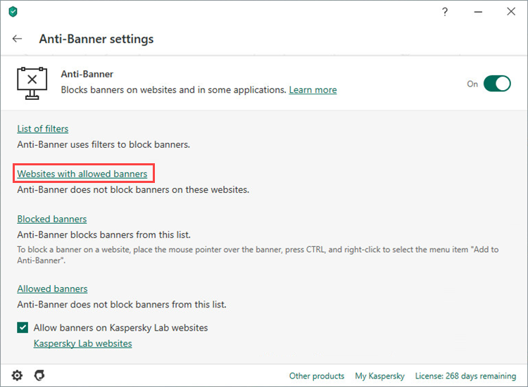 Setting up allowed banners in Kaspersky Internet Security 20