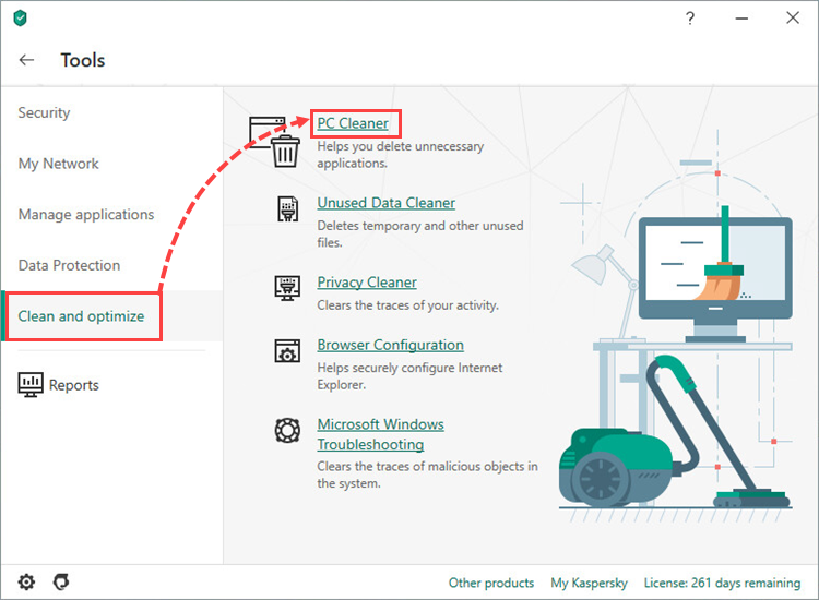 Opening the PC cleaner tool in Kaspersky Security Cloud 20