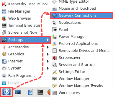 Opening network connection settings in Kaspersky Rescue Disk