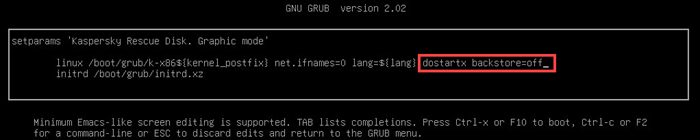 Configuring parameters in GRUB loader in Kaspersky Rescue Disk 18