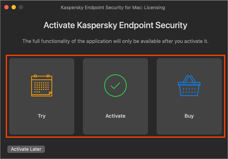Selecting the activation method for Kaspersky Endpoint Security 11 for Mac
