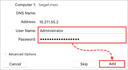 Entering the administrator login and password in Apple Remote Desktop