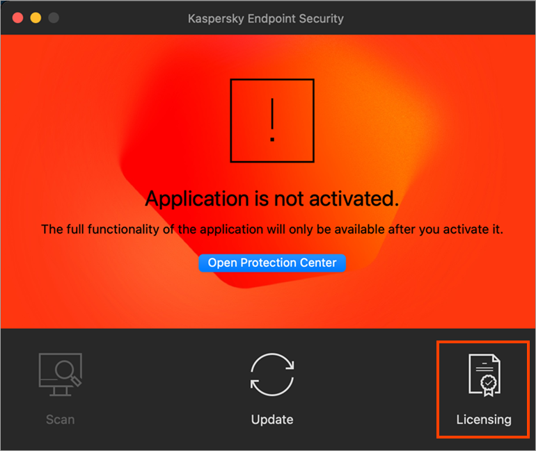 Opening the Licensing window in Kaspersky Endpoint Security 11 for Mac
