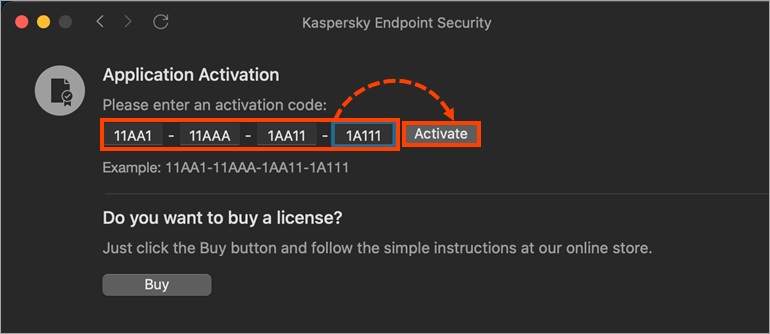 Entering the activation code in Kaspersky Endpoint Security 11 for Mac