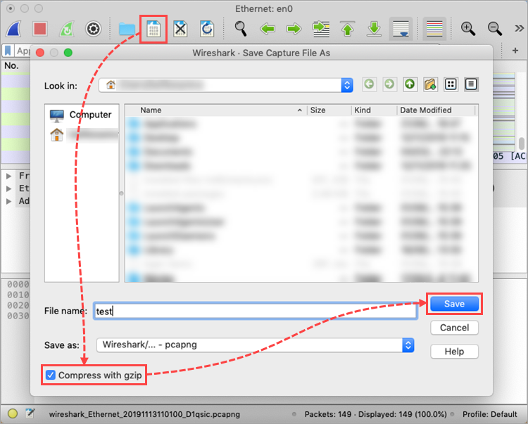 Saving the traffic logs collected with help of Wireshark