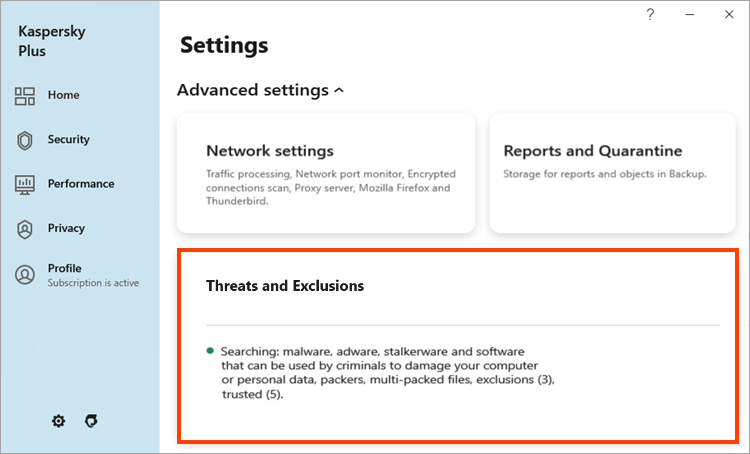 Opening Threats and Exclusions in a Kaspersky application
