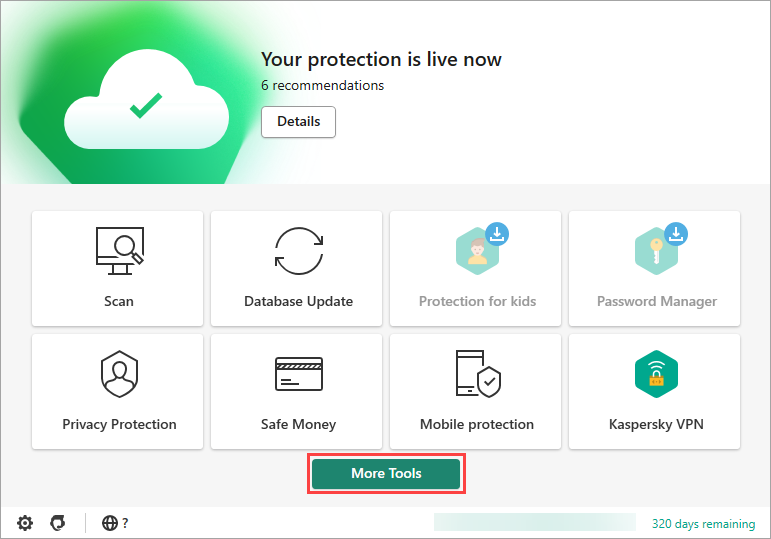 Opening the Tools window in Kaspersky Security Cloud
