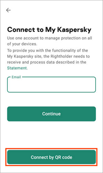 Connecting Kaspersky VPN Secure Connection for Android to My Kaspersky using a QR code.