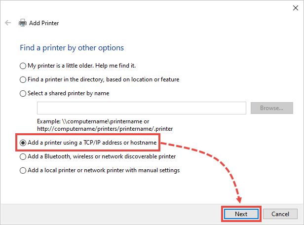 Find a printer by other options view