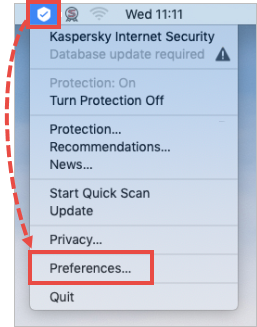 Opening the Preferences window in Kaspersky Internet Security for Mac.
