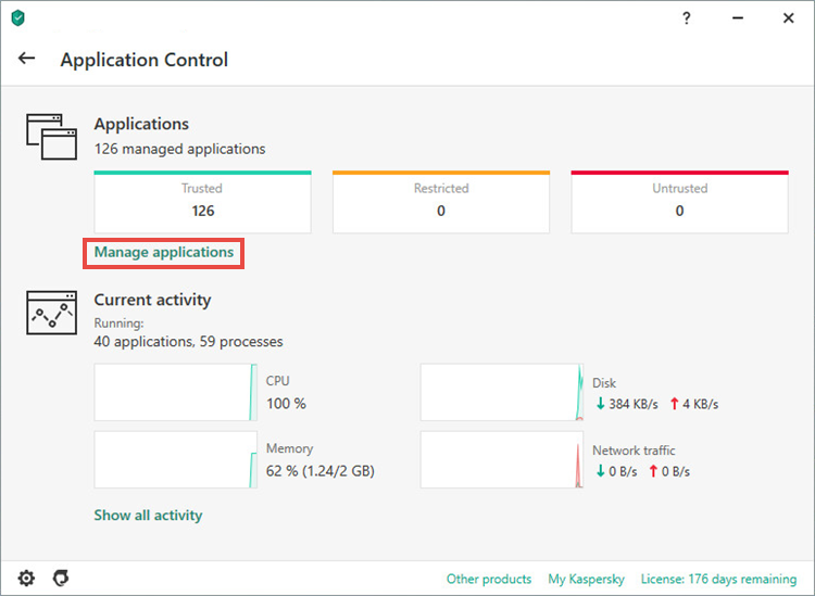 Opening the Manage applications window in a Kaspersky application.