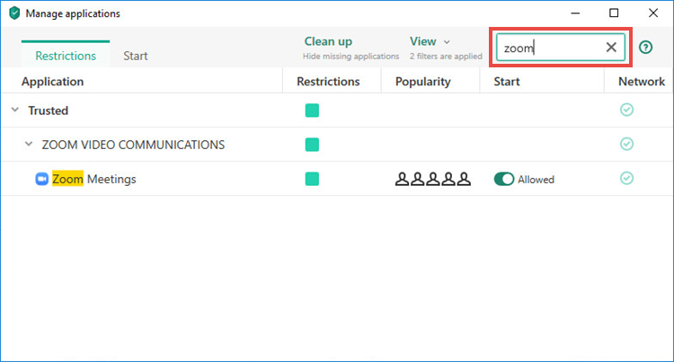 Searching for the required application in a Kaspersky application