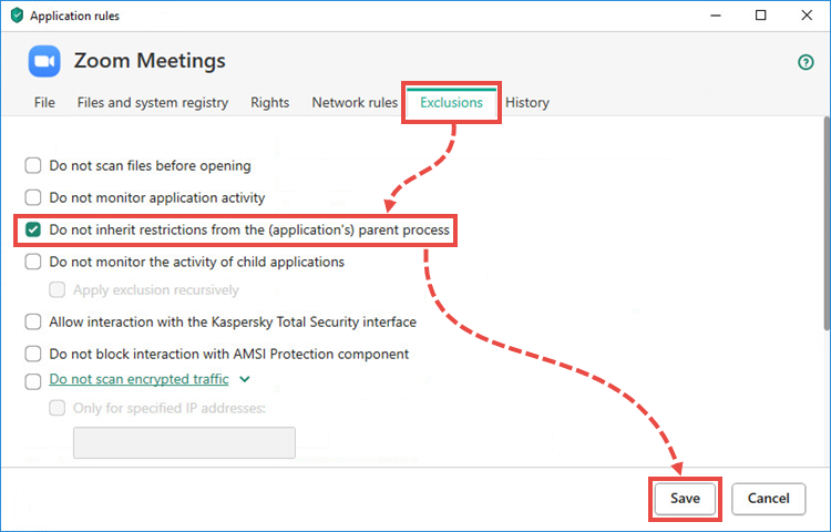 Configuring the required application in a Kaspersky application