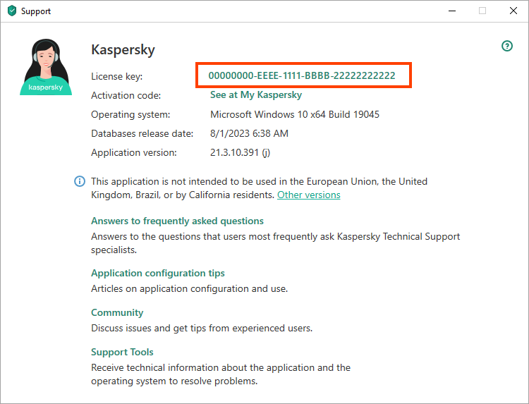 Viewing the license key on the ‘Support’ window of a Kaspersky application.