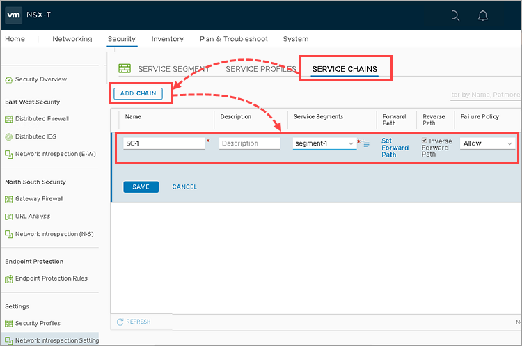 Creating the NSX service chain