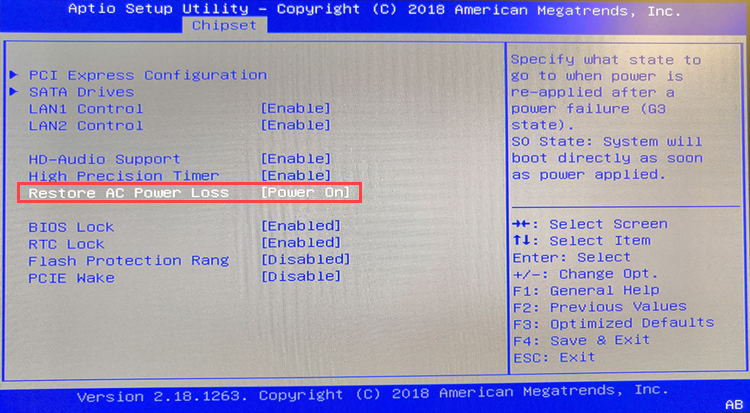 Changing the Restore AC Power Loss parameter in BIOS