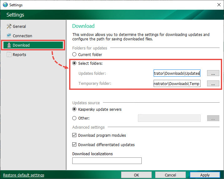 Selecting the folders for updating in Kaspersky Update Utility 4.