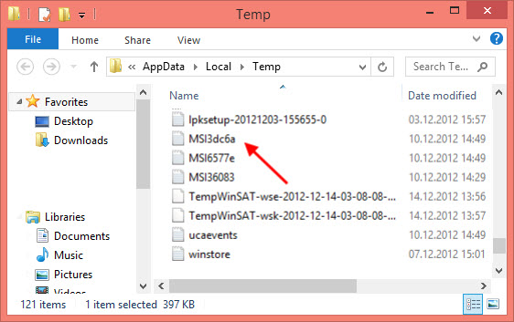 Example of installation/removal log in the Temp folder