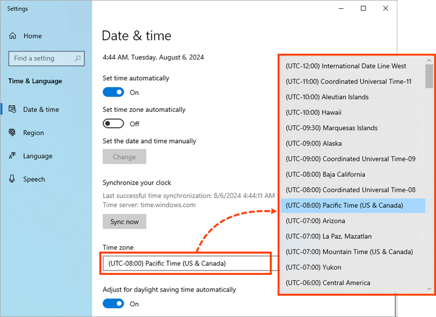 Selecting a time zone in Windows 10.