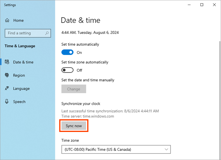 System date and time synchronization via Internet in Windows 10.