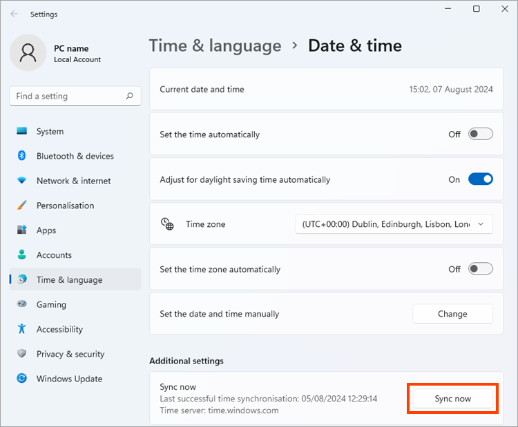 System date and time synchronization via Internet in Windows 11.