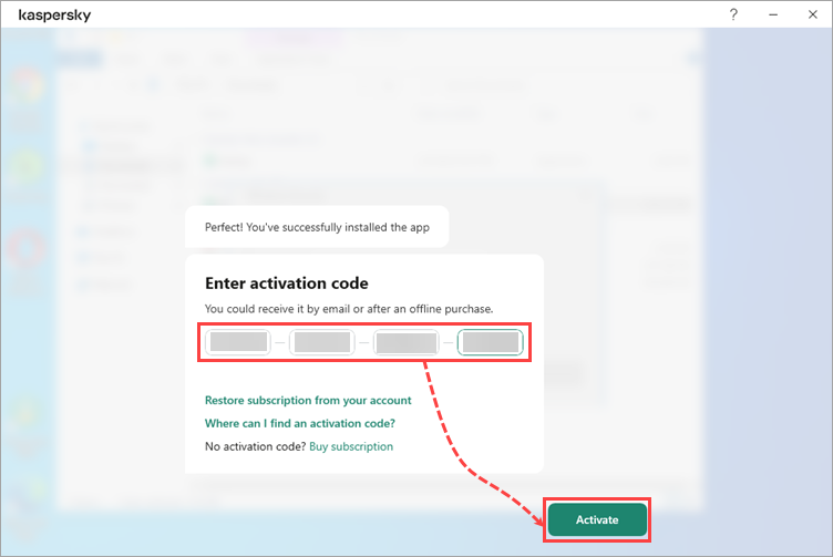 Entering the activation code in Kaspersky