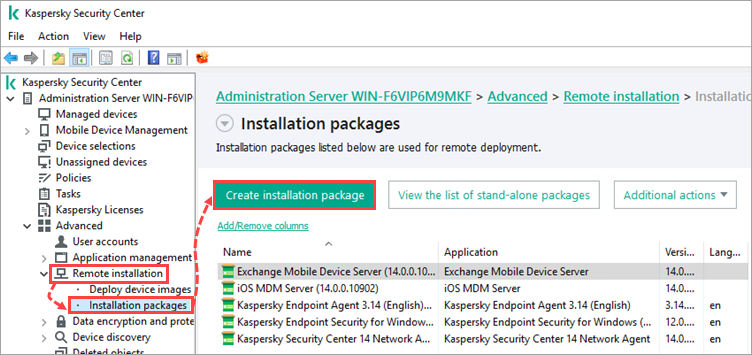 The Installation packages window in Kaspersky Security Center.