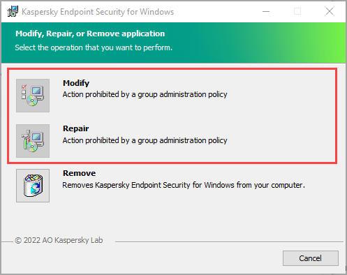 The Modify and Repair buttons are inactive when changing Kaspersky Endpoint Security for Windows
