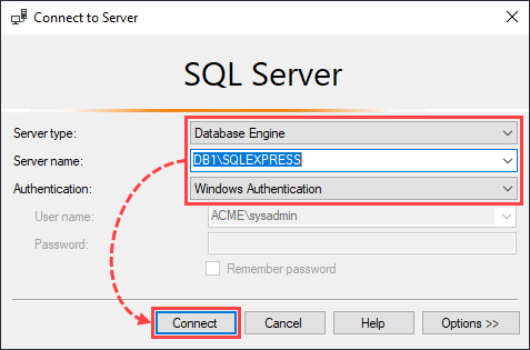 Selecting a server in SQL Server Management Studio.