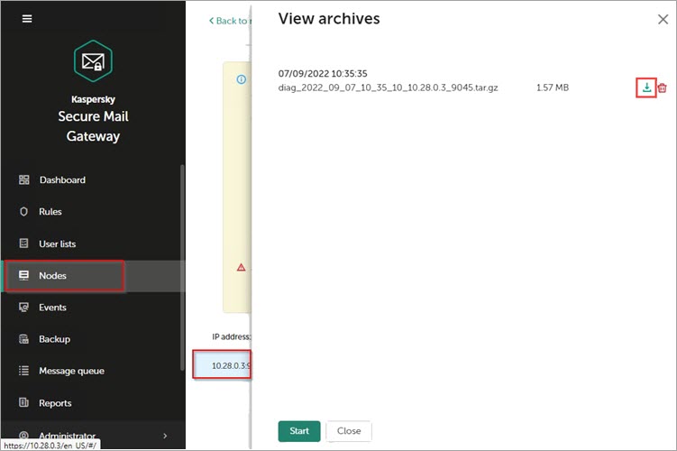 Saving the archive with the diagnostic information in Kaspersky Secure Mail Gateway