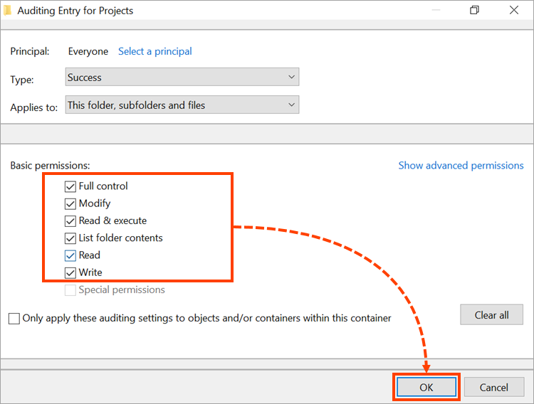 Applying the access auditing settings to the folder