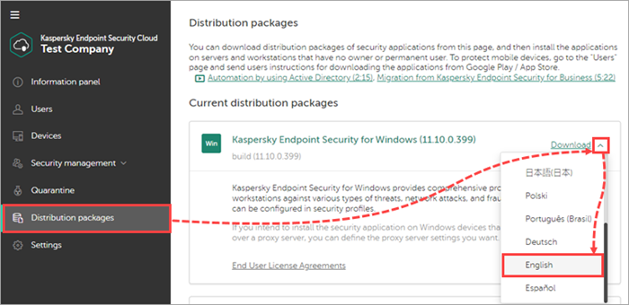 Selecting the installation package language in Kaspersky Endpoint Security Cloud