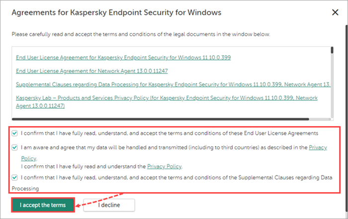 Accepting the End User License Agreements in Kaspersky Endpoint Security Cloud