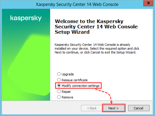 Modifying KSC Web Console connection settings in the Setup Wizard.
