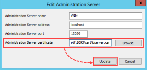 Editing the trusted Administration Server in the Setup Wizard.