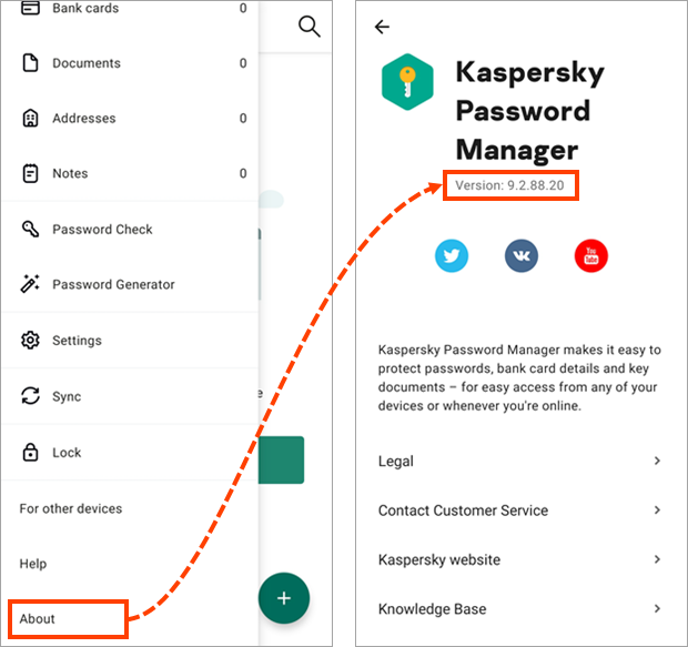 Viewing the version of Kaspersky Password Manager for Android
