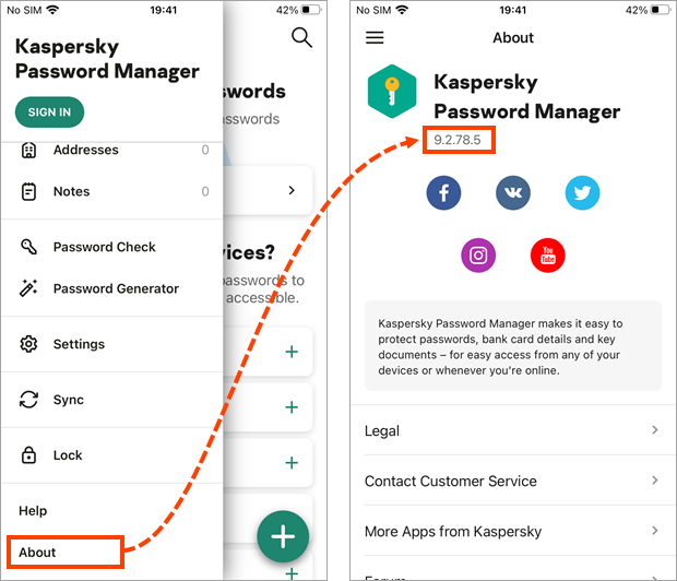 Viewing the version of Kaspersky Password Manager for iOS