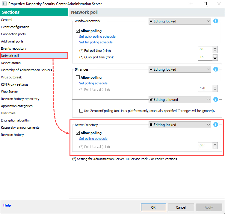 Check if the Active Directory editing is locked in the Network poll section.