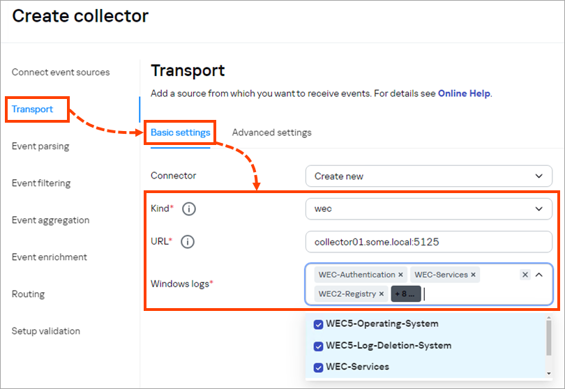 Selecting source connection parameters in the Transport section.