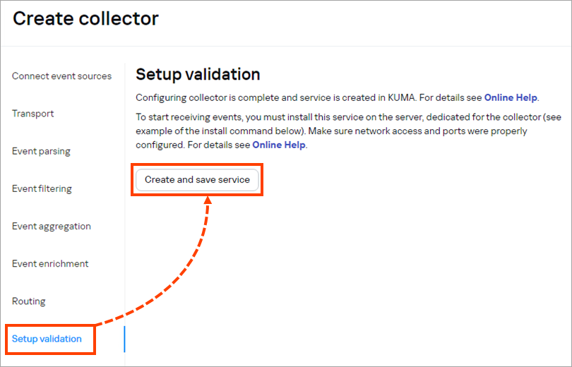 Checking the specified settings and service creation.