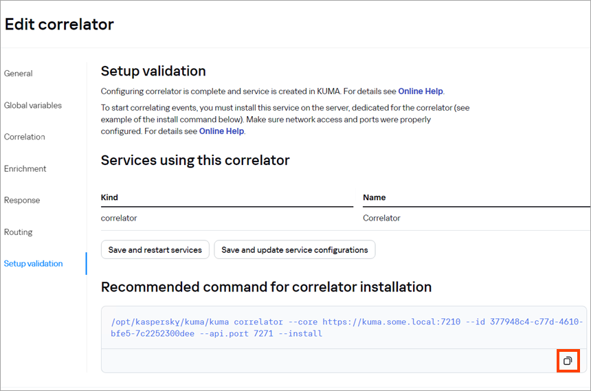 Copying the command to install a correlator in the Setup validation section.