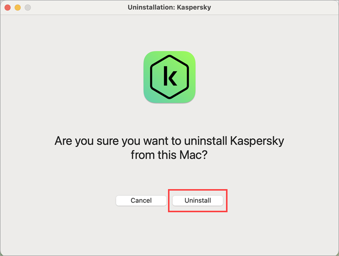 The kavremover-mac window. Consent for the Kaspersky application removal.