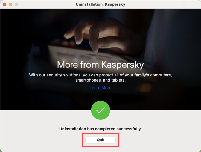 Notification about successful removal of a Kaspersky application.