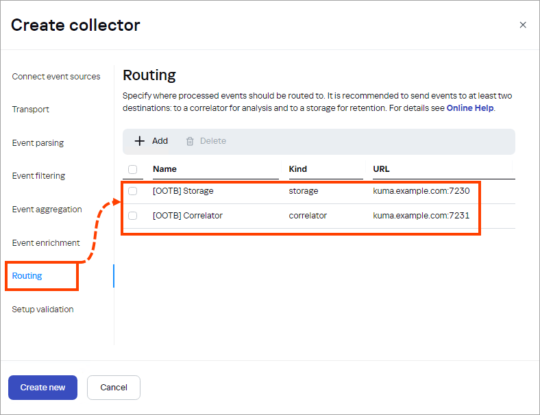 Proceeding to the Routing section when creating a collector.