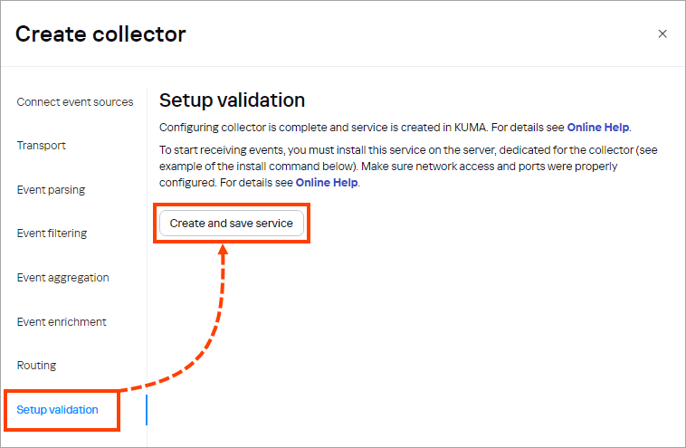 Proceeding to the Setup validation section when creating a collector.
