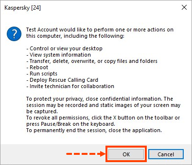 The prompt to control customer PC via the rescue applet.