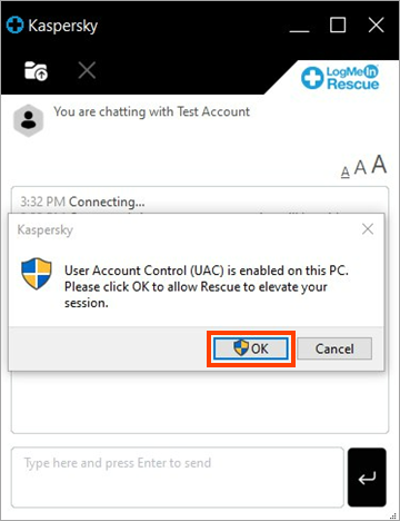 The prompt to elevate the session via the rescue applet.