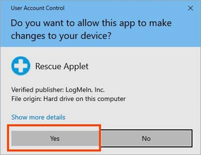 Allowing the rescue applet to make changes to the customer device.