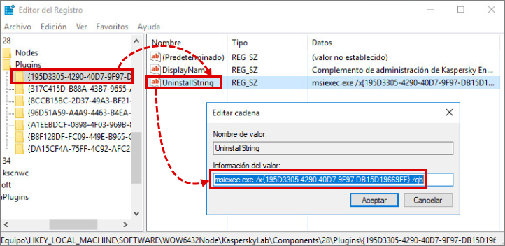 Copiar el valor de la clave UninstallString en el registro de sistema de Windows 