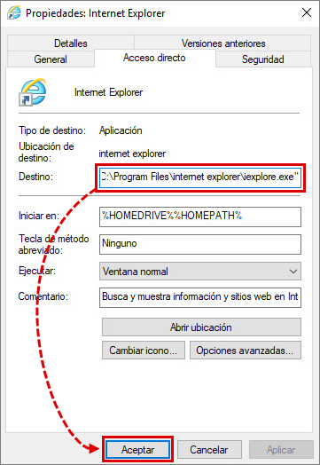 Comprobar las propiedades del acceso directo de Internet Explorer